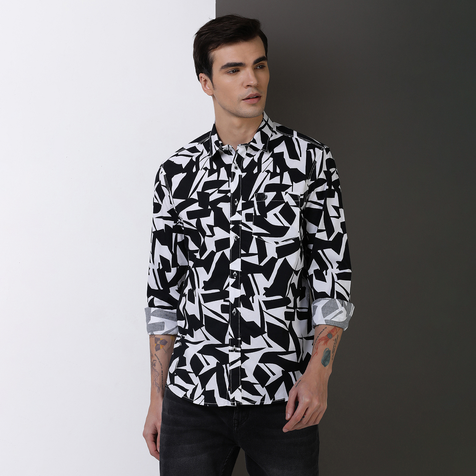 Indo Cotton Black & White printed full sleeve shirt
