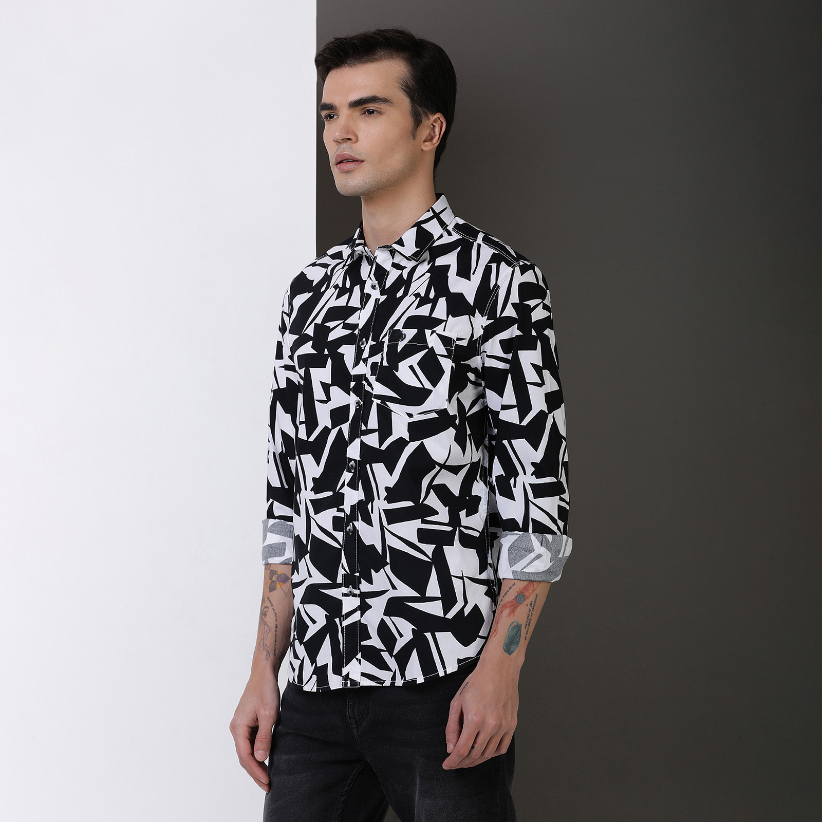 Indo Cotton Black & White printed full sleeve shirt