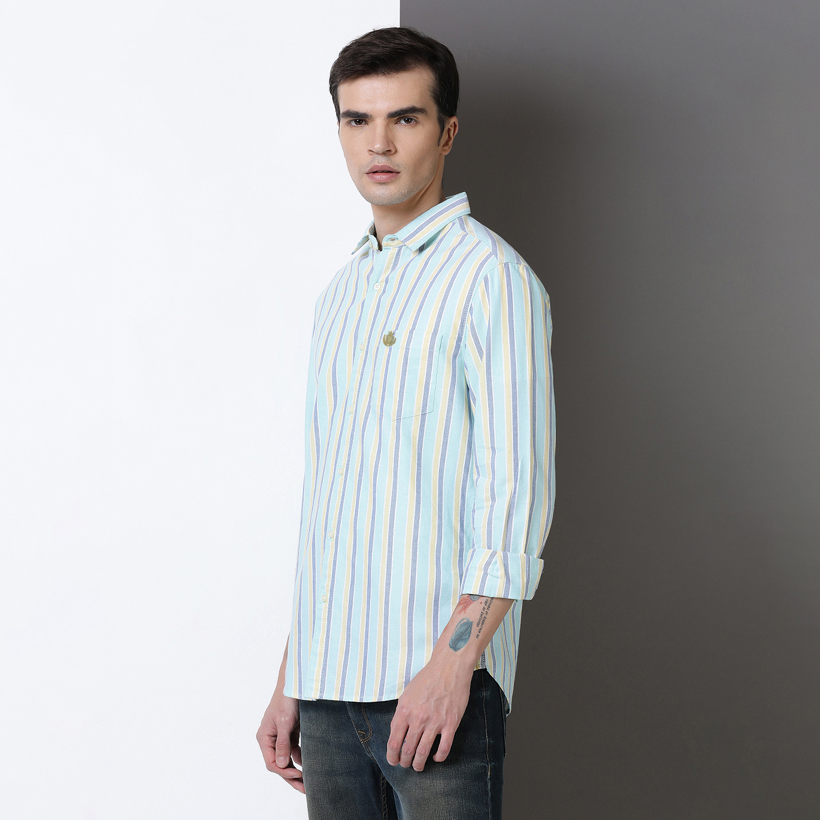 Indo Cotton Men's Green & navy yarn dyed full sleeve shirt