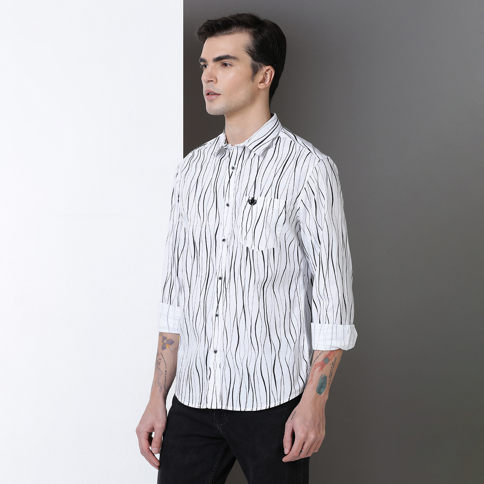 Indo Cotton Men's Black & White printed full sleeve shirt