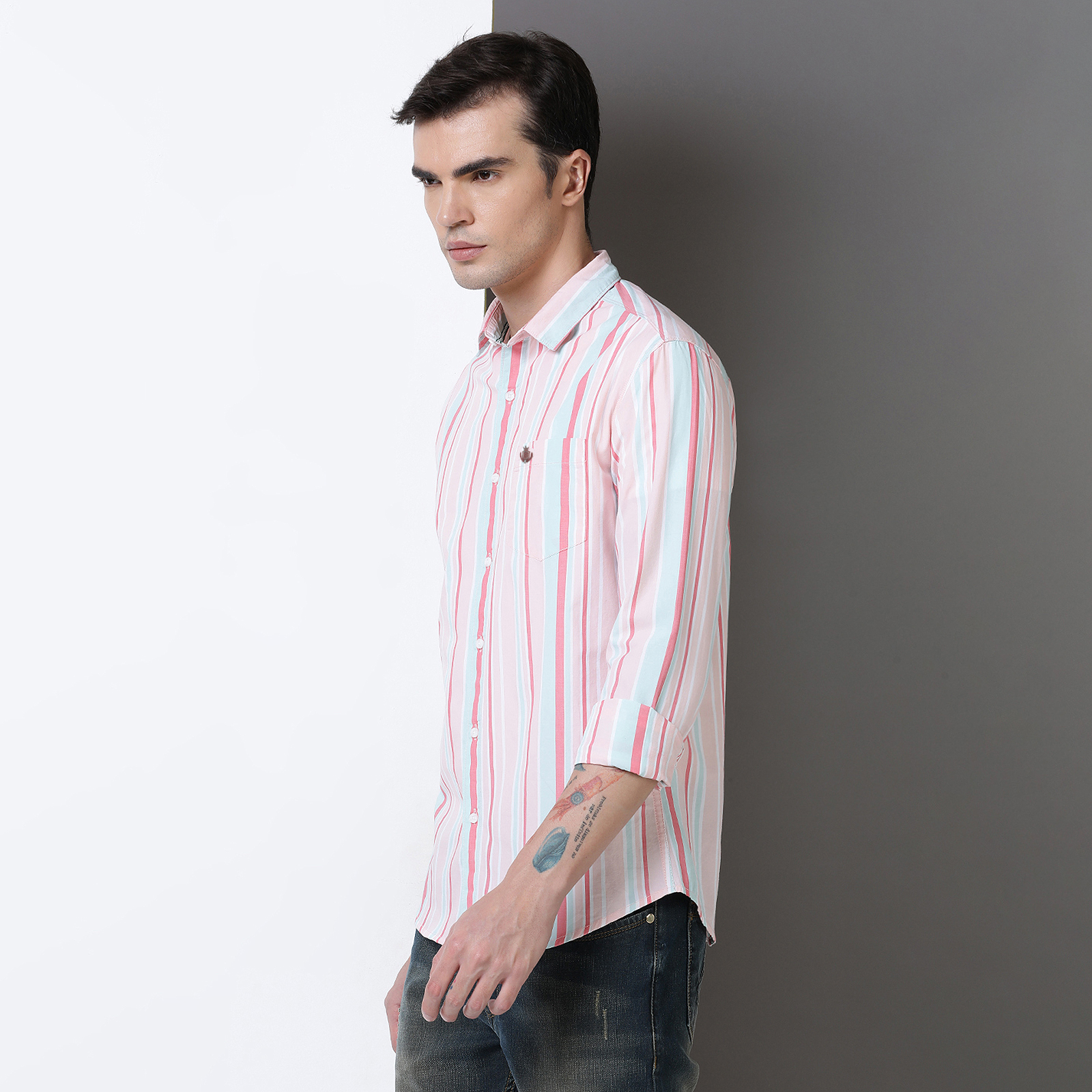 Indo Cotton Men's Pink & green yarn dyed full sleeve shirt