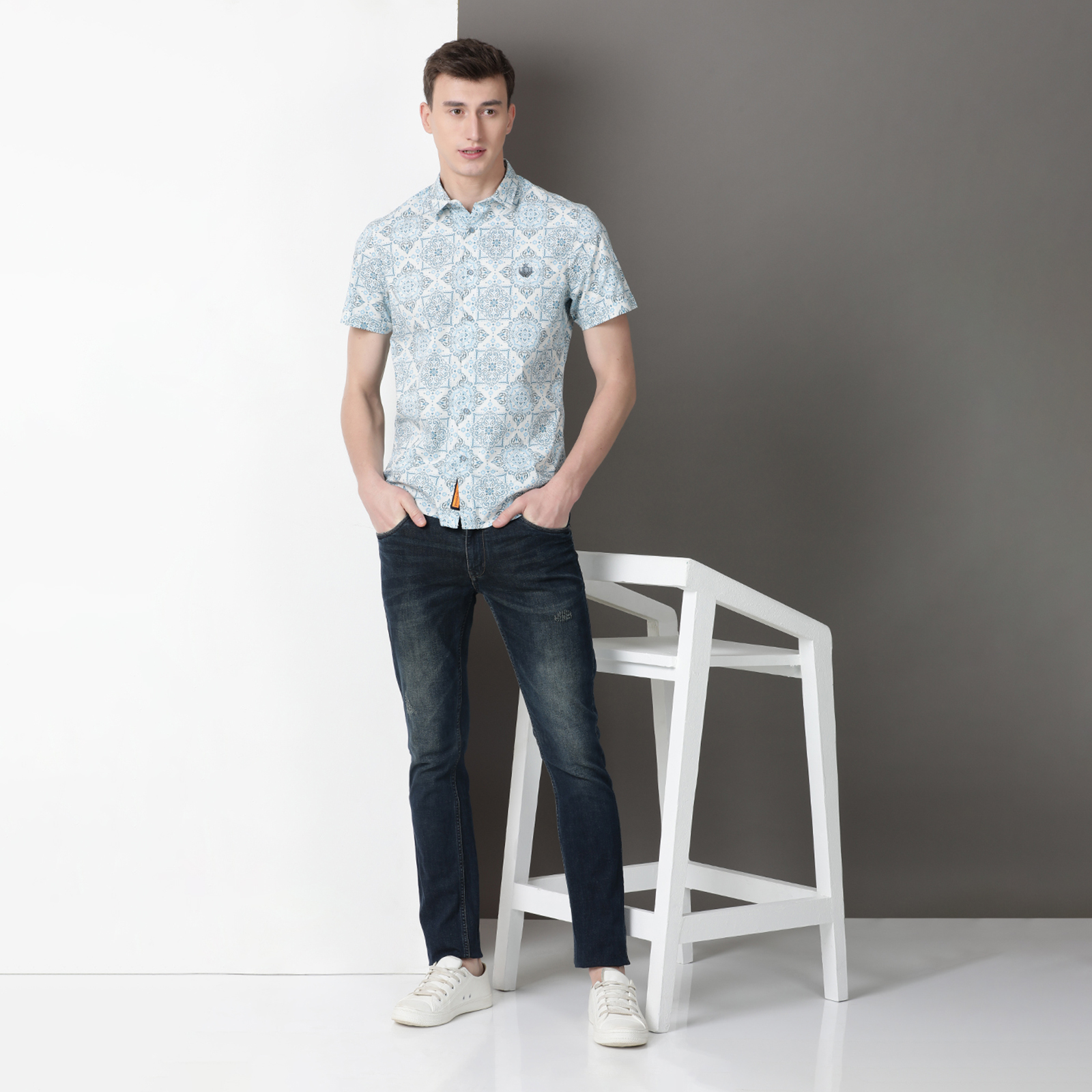 Indo Cotton Men's Blue & Teal Printed Half Sleeve Shirt