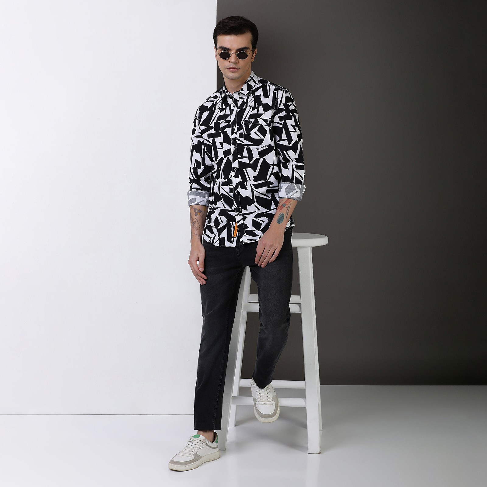 Indo Cotton Black & White printed full sleeve shirt