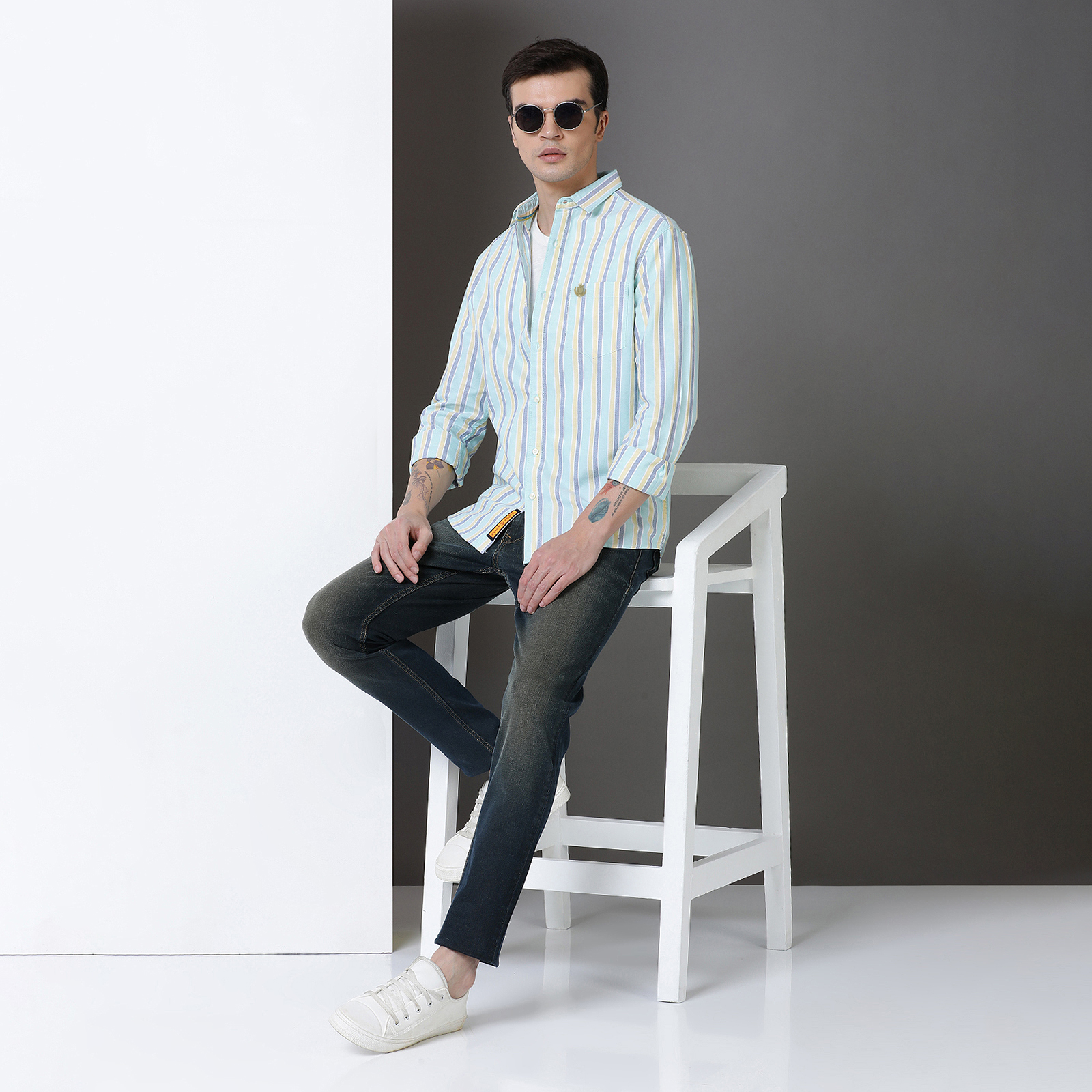 Indo Cotton Men's Green & navy yarn dyed full sleeve shirt