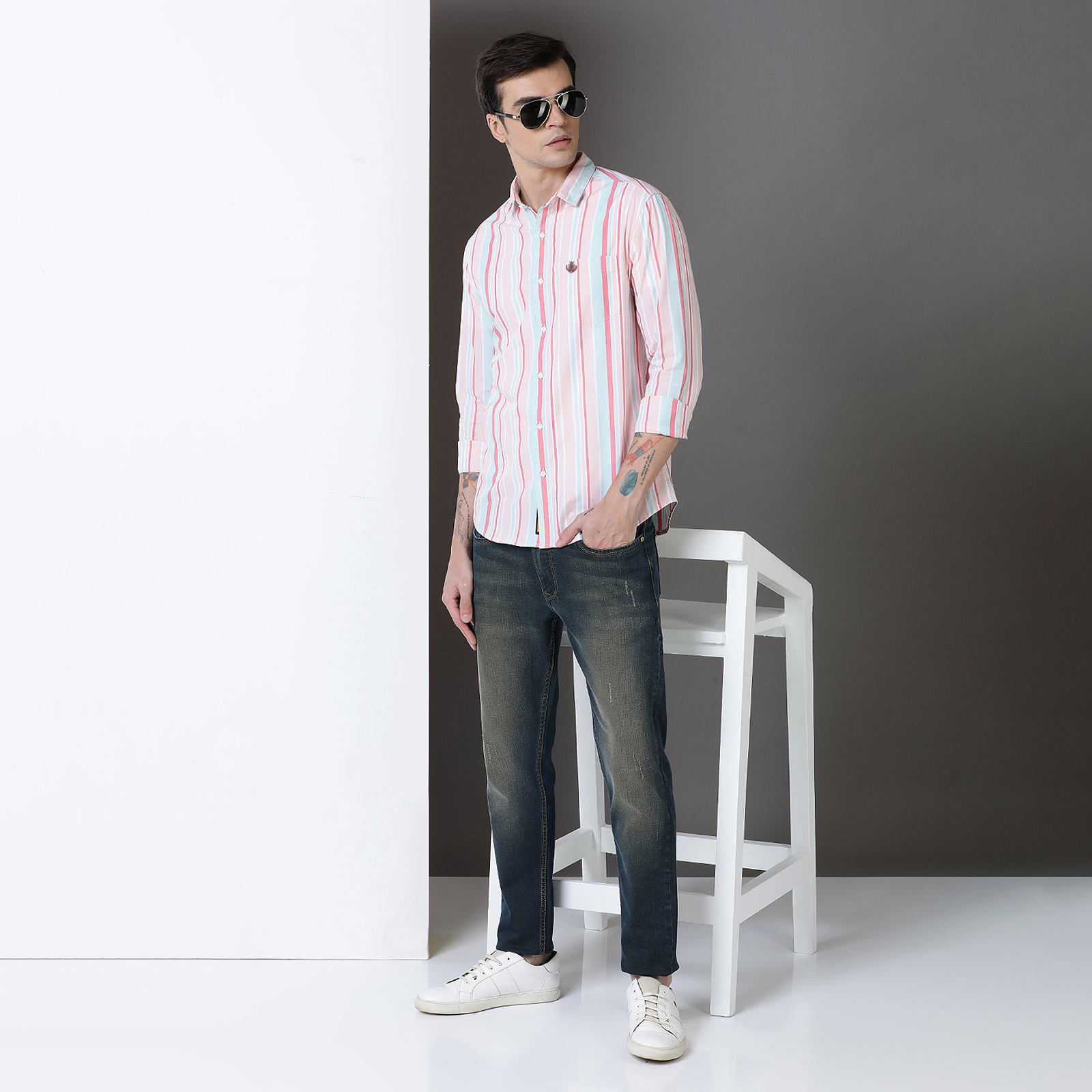 Indo Cotton Men's Pink & green yarn dyed full sleeve shirt