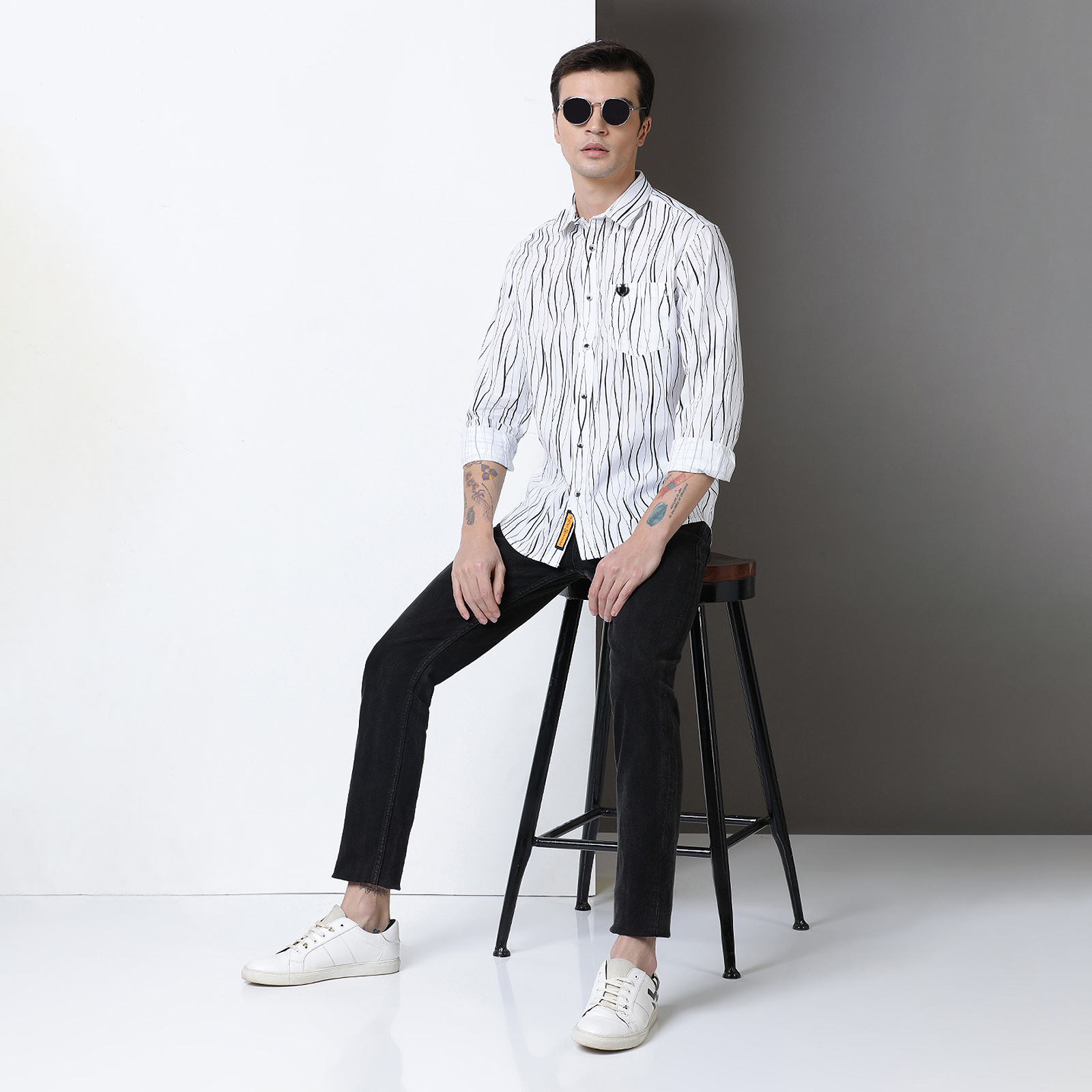 Indo Cotton Men's Black & White printed full sleeve shirt