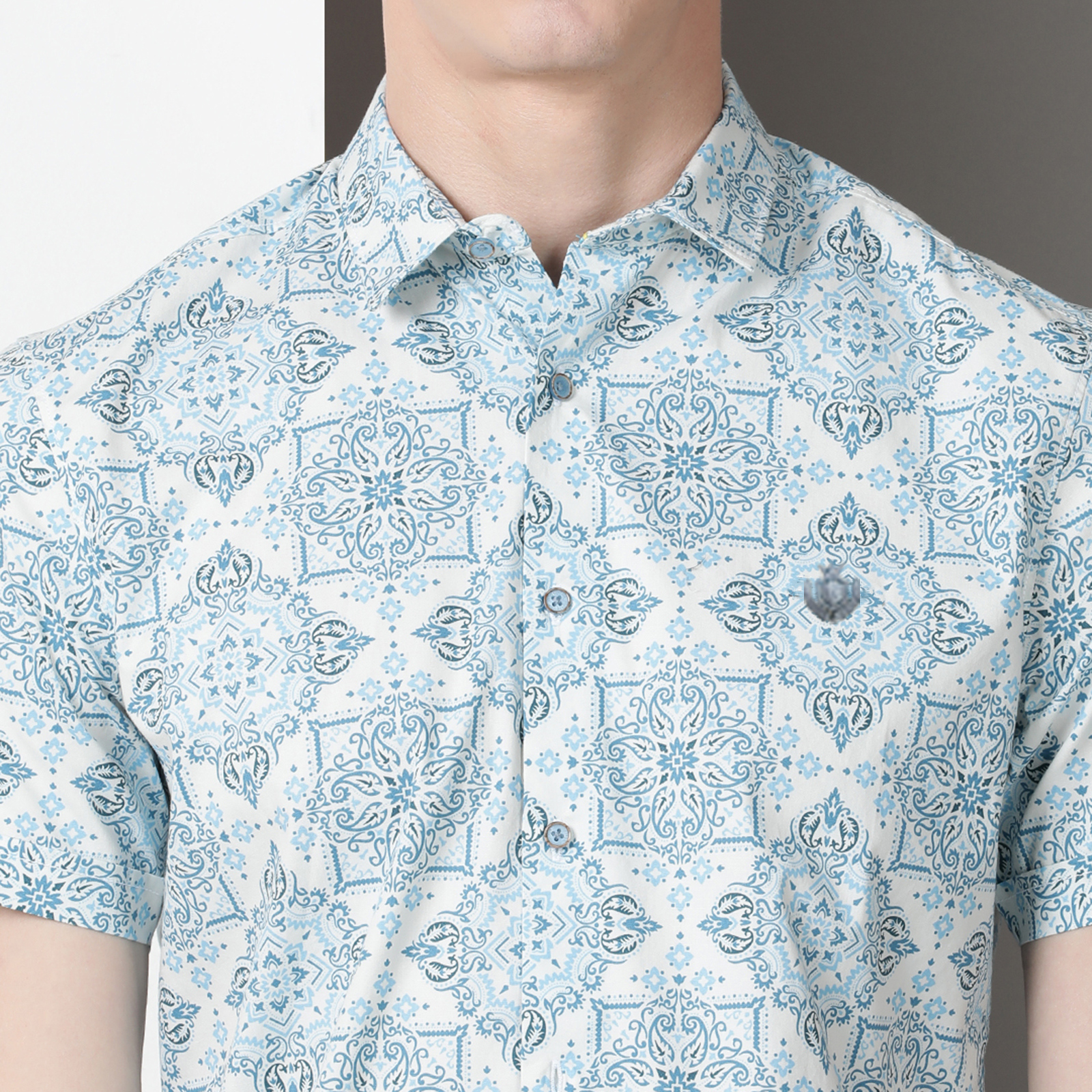 Indo Cotton Men's Blue & Teal Printed Half Sleeve Shirt