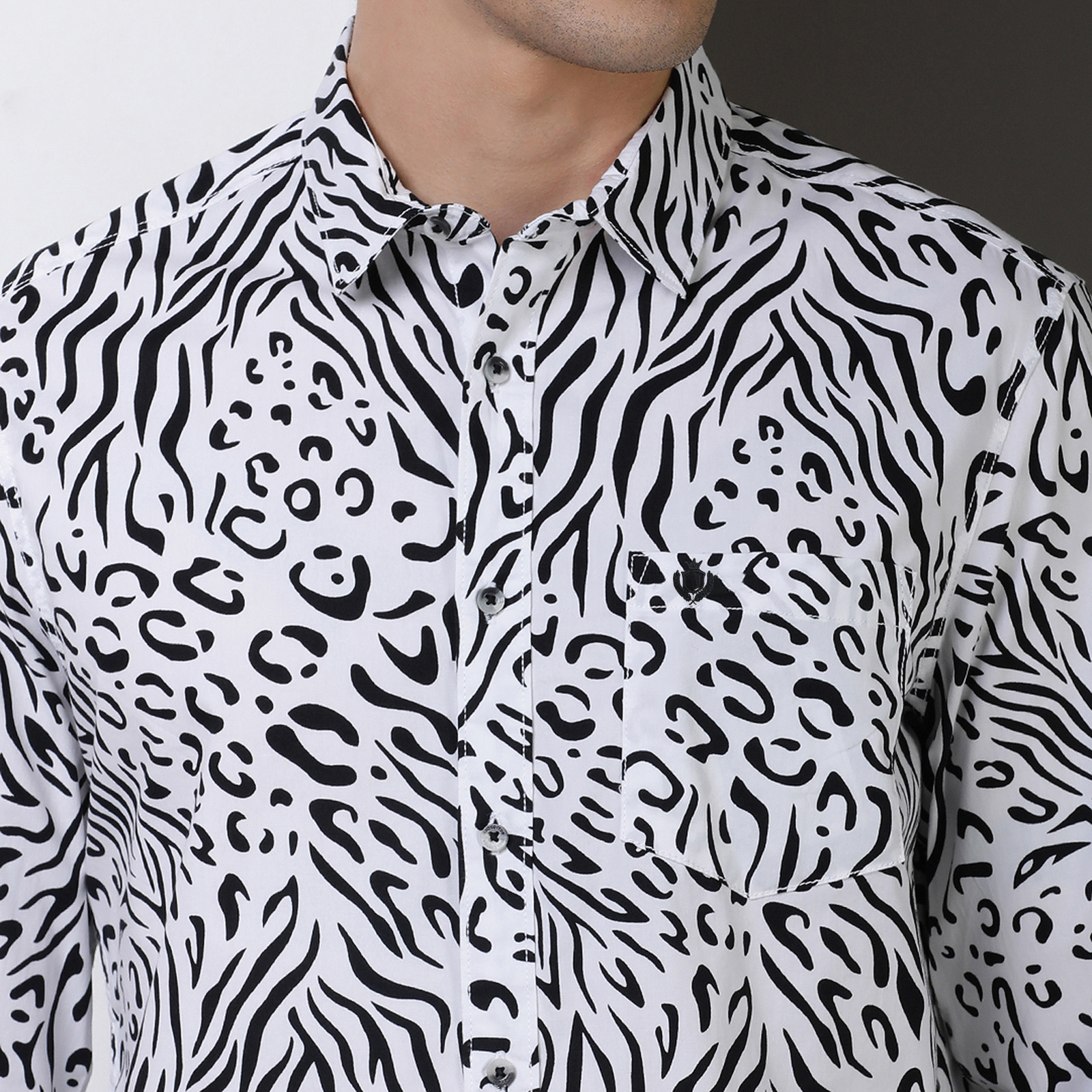 Indo Cotton Men's Black & White Printed Full Sleeve Shirt