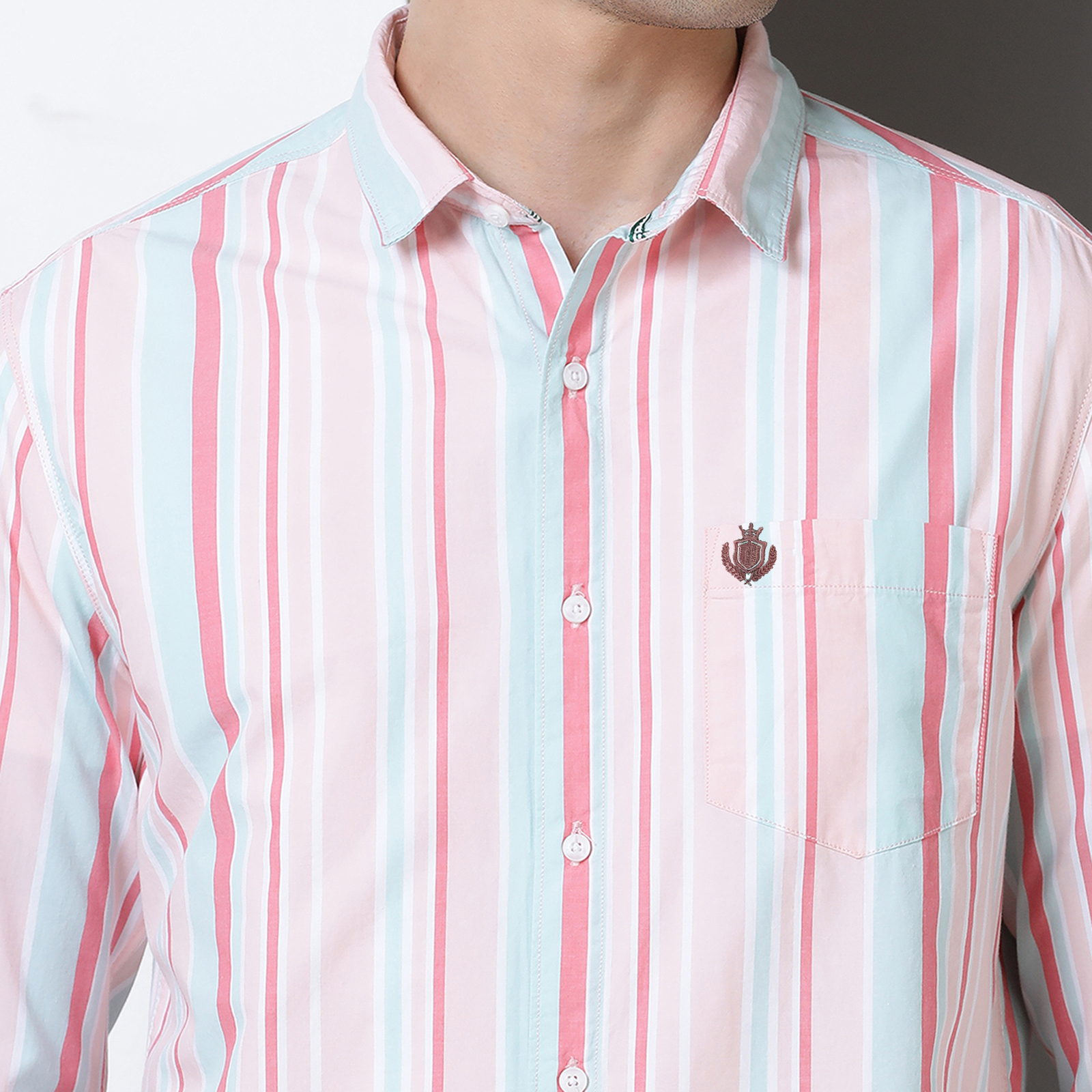 Indo Cotton Men's Pink & green yarn dyed full sleeve shirt