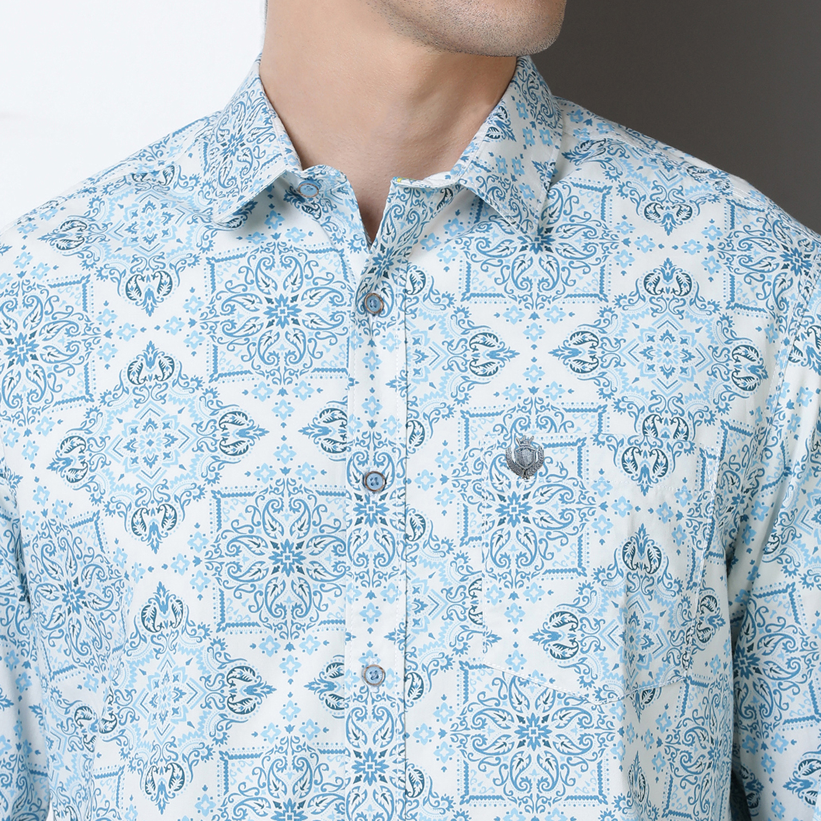 Indo Cotton Men's Teal & Blue Printed Full Sleeve Shirt
