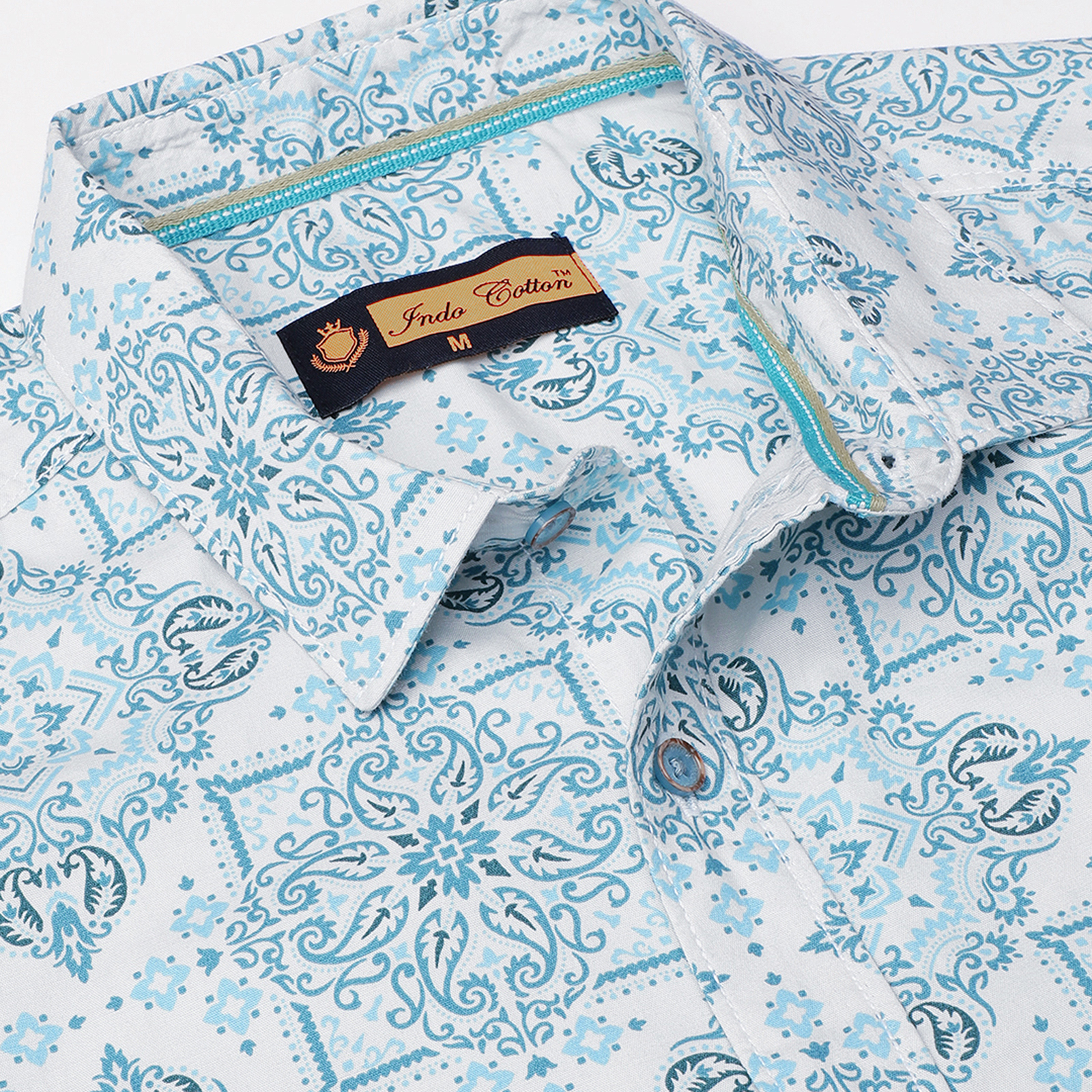 Indo Cotton Men's Teal & Blue Printed Full Sleeve Shirt