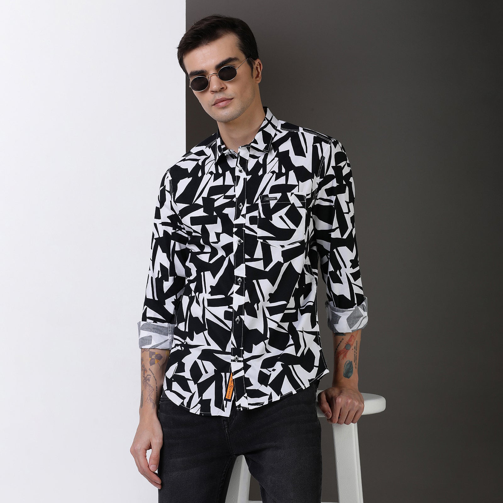 Indo Cotton Black & White printed full sleeve shirt