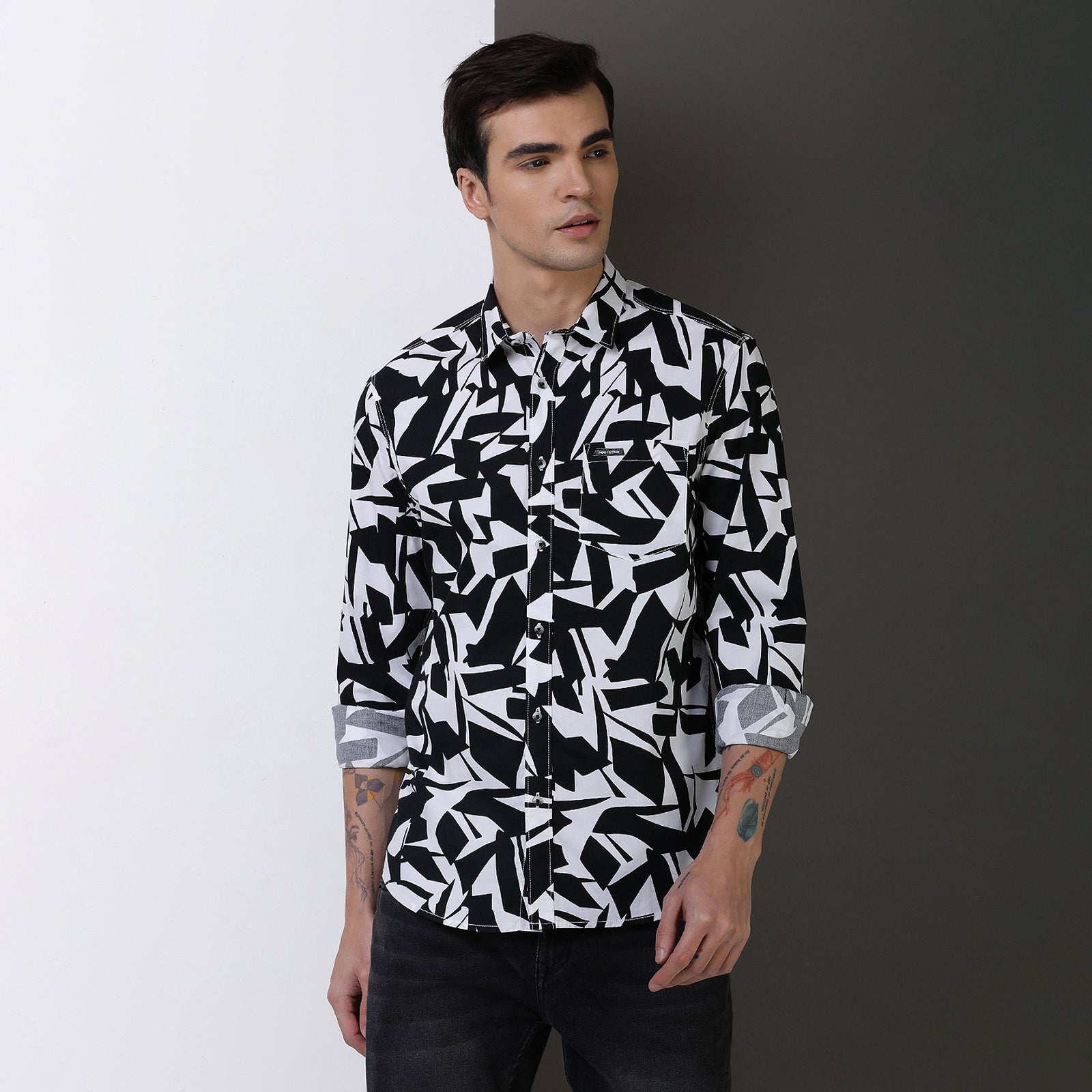 Indo Cotton Black & White printed full sleeve shirt
