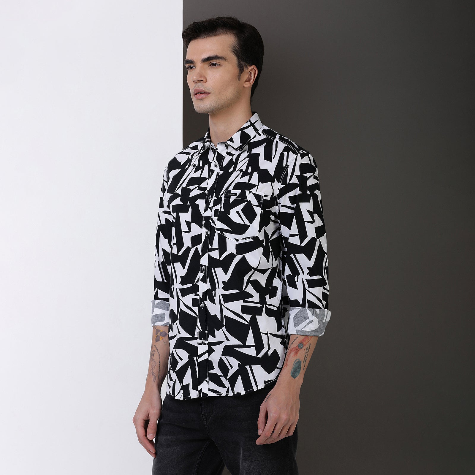 Indo Cotton Black & White printed full sleeve shirt