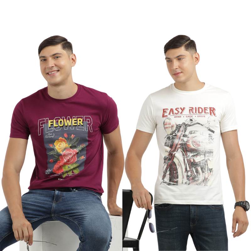 Men's Flower make It Natural & Easy Rider Crew Neck Graphic Printed T-Shirt Pack Of 2