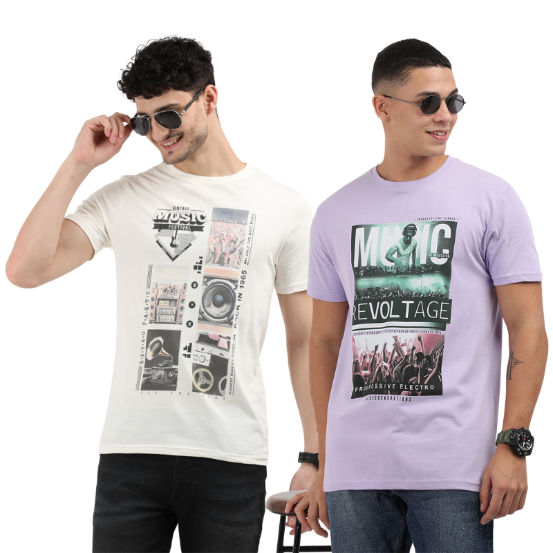 Men's Vintage Music Festival & Music Revolt age Crew Neck T-Shirt Pack Of 2