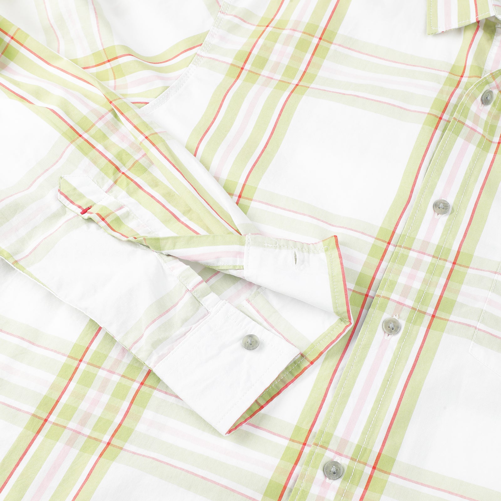 Men's Casual Long-Sleeve Plaid Shirt - White with Green Stripes