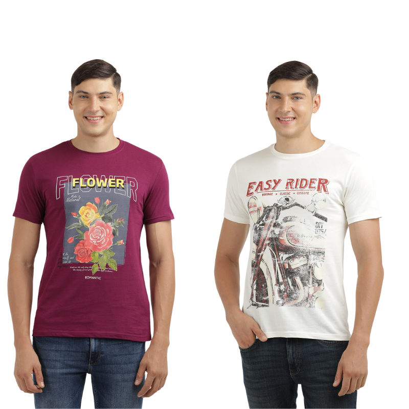 Men's Flower make It Natural & Easy Rider Crew Neck Graphic Printed T-Shirt Pack Of 2