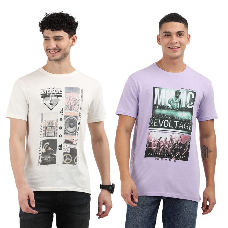 Men's Vintage Music Festival & Music Revolt age Crew Neck T-Shirt Pack Of 2