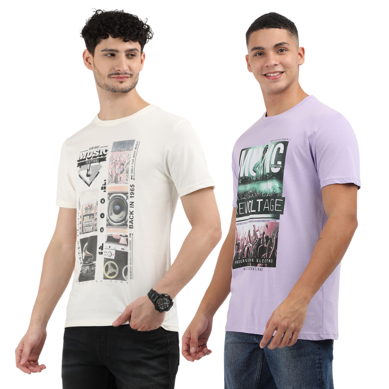 Men's Vintage Music Festival & Music Revolt age Crew Neck T-Shirt Pack Of 2