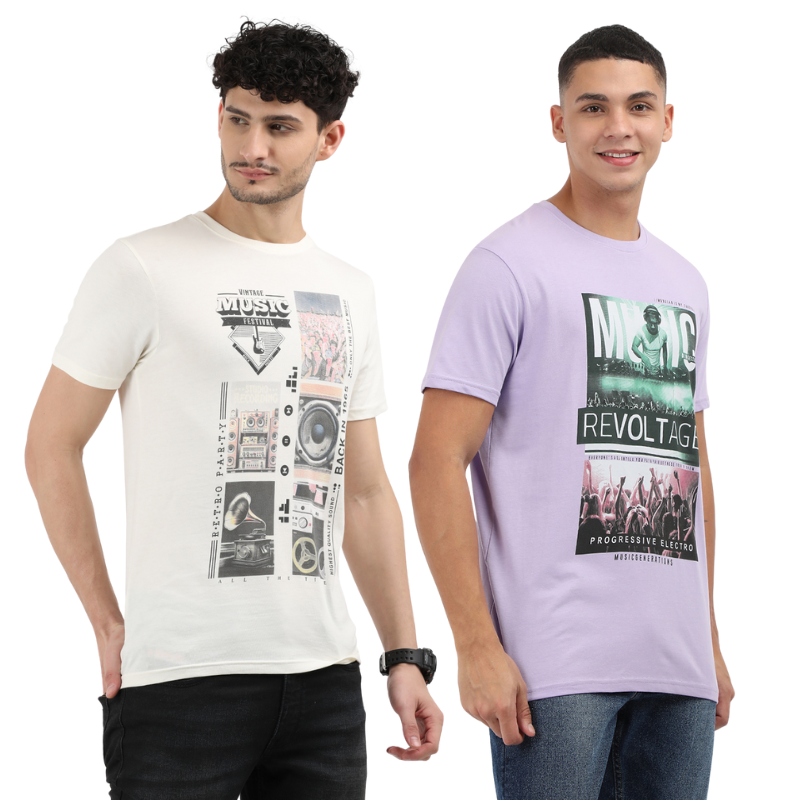 Men's Vintage Music Festival & Music Revolt age Crew Neck T-Shirt Pack Of 2