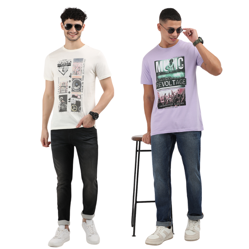 Men's Vintage Music Festival & Music Revolt age Crew Neck T-Shirt Pack Of 2