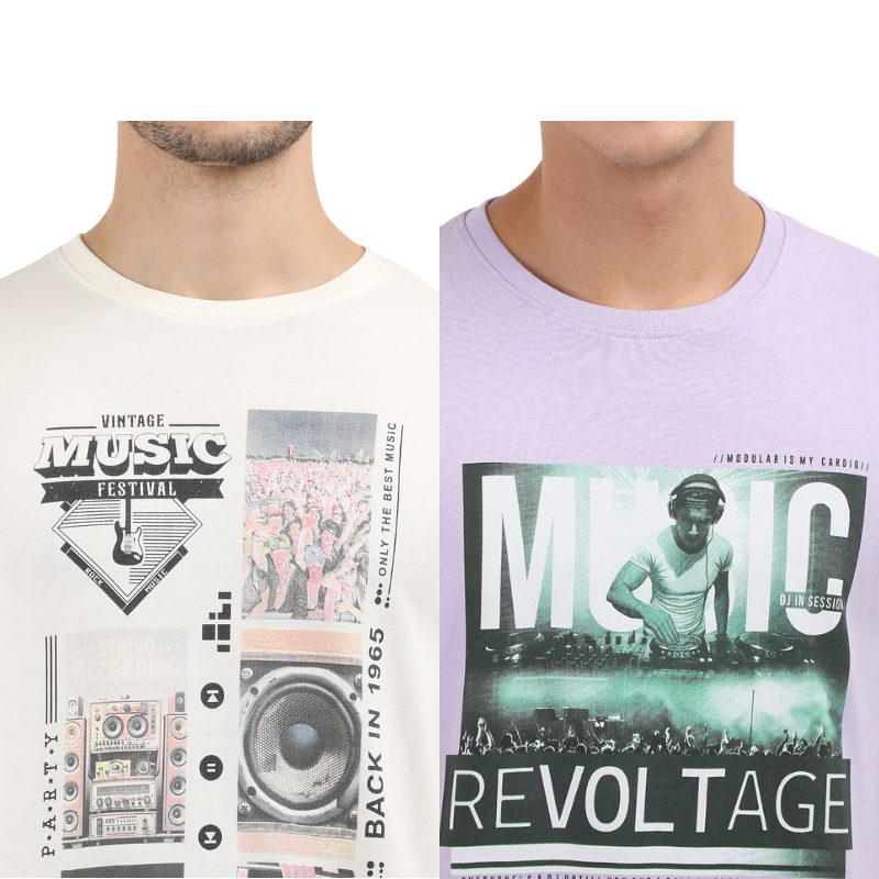 Men's Vintage Music Festival & Music Revolt age Crew Neck T-Shirt Pack Of 2