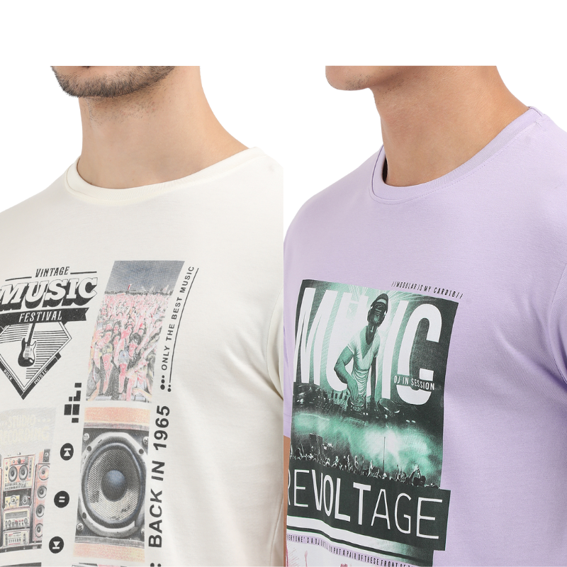 Men's Vintage Music Festival & Music Revolt age Crew Neck T-Shirt Pack Of 2