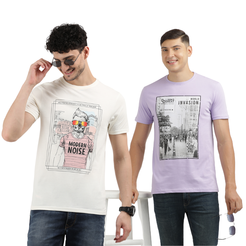 Men's Modern Noise & World Invasion Round Neck Printed T-Shirt Pack of 2