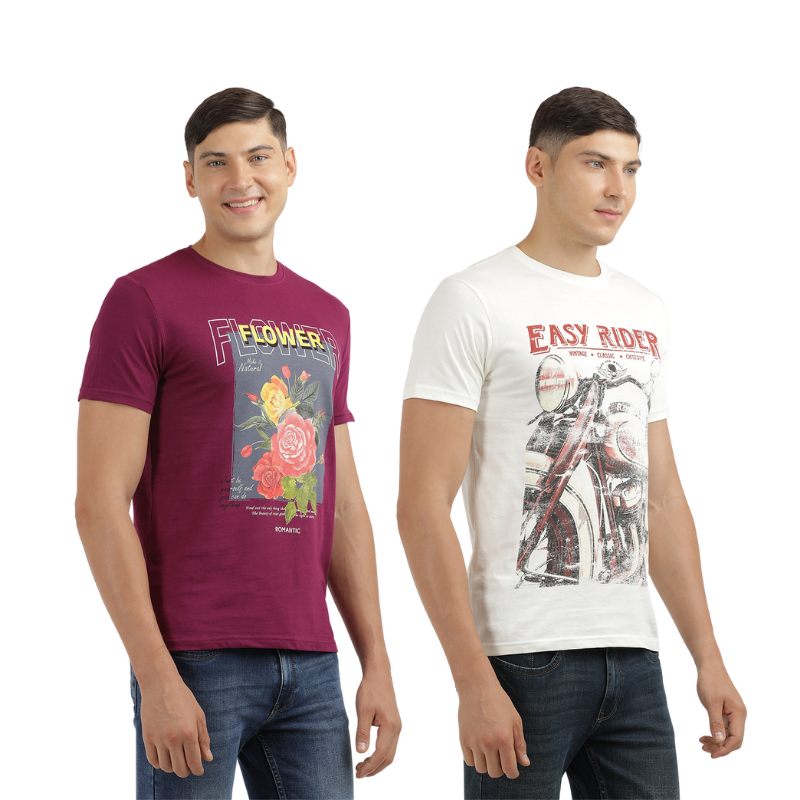 Men's Flower make It Natural & Easy Rider Crew Neck Graphic Printed T-Shirt Pack Of 2