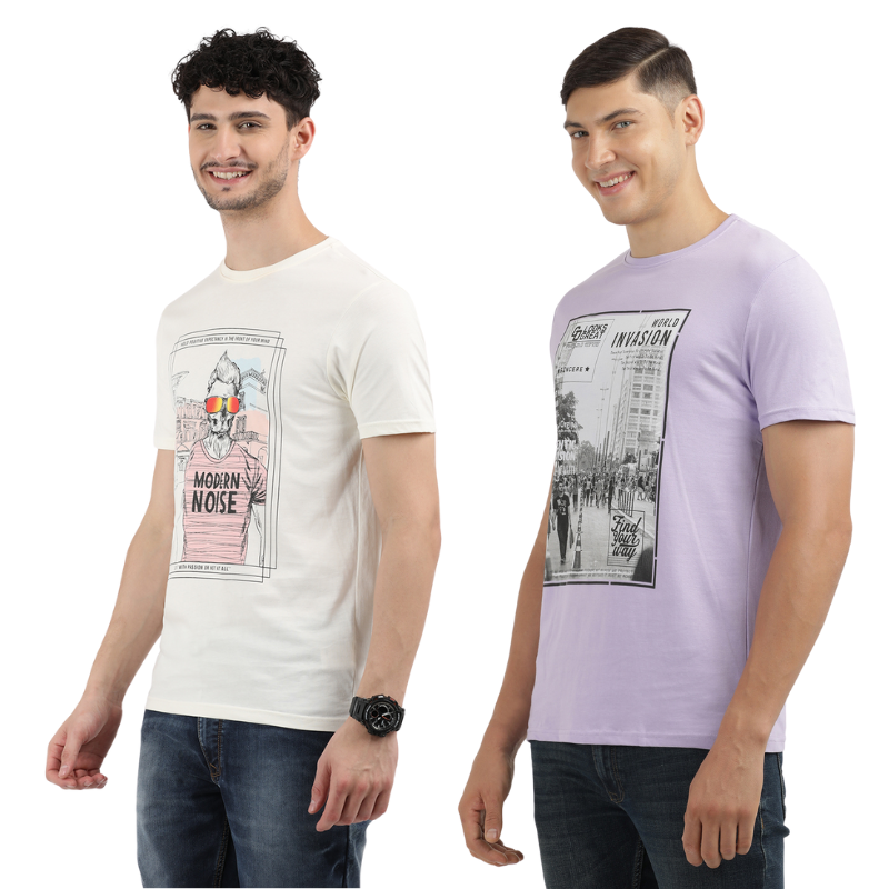 Men's Modern Noise & World Invasion Round Neck Printed T-Shirt Pack of 2