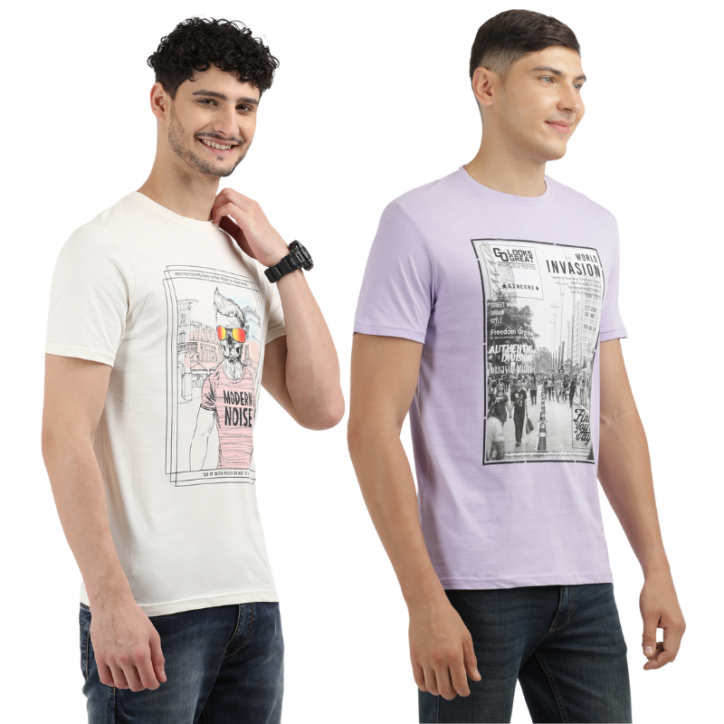 Men's Modern Noise & World Invasion Round Neck Printed T-Shirt Pack of 2