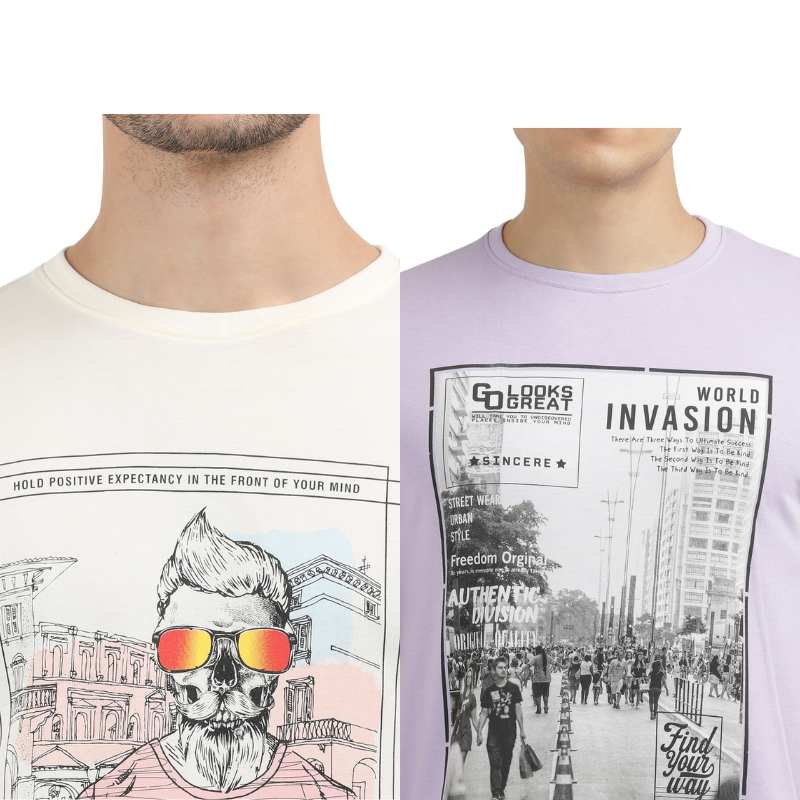 Men's Modern Noise & World Invasion Round Neck Printed T-Shirt Pack of 2