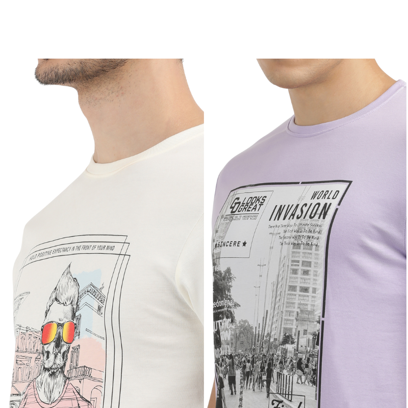 Men's Modern Noise & World Invasion Round Neck Printed T-Shirt Pack of 2