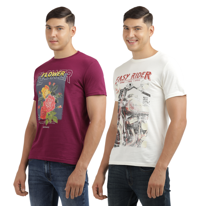 Men's Flower make It Natural & Easy Rider Crew Neck Graphic Printed T-Shirt Pack Of 2