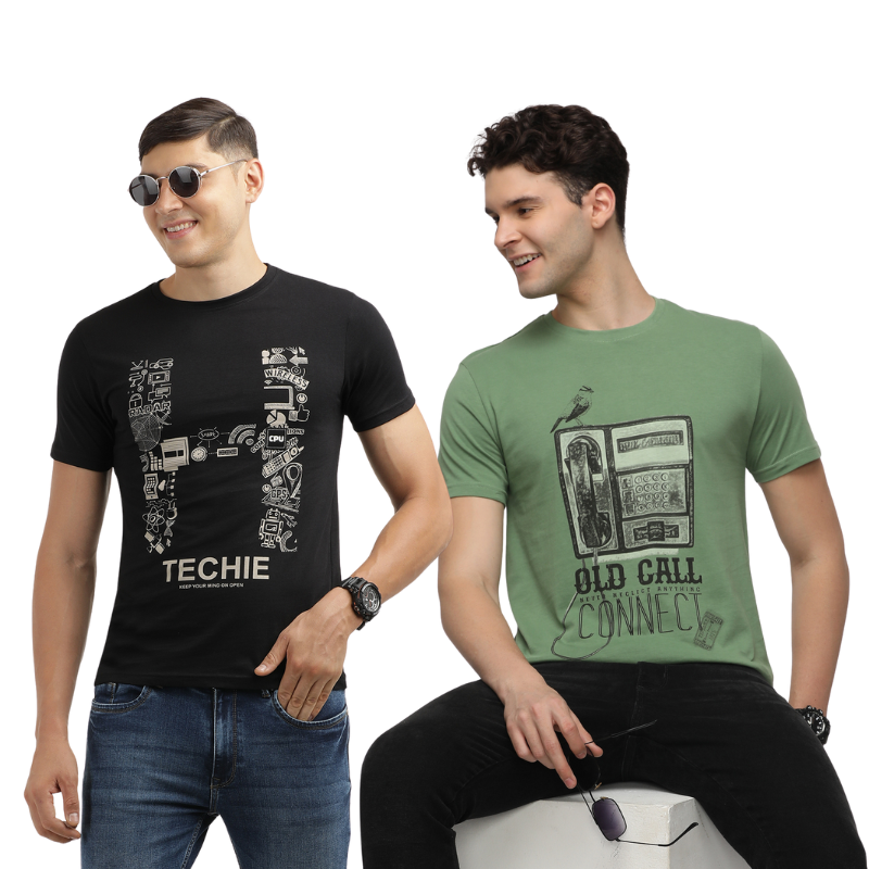 Techie Men's & OLD CALL CONNECT Graphic printed Crew Neck T-Shirt Pack Of 2