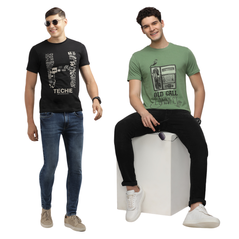 Techie Men's & OLD CALL CONNECT Graphic printed Crew Neck T-Shirt Pack Of 2