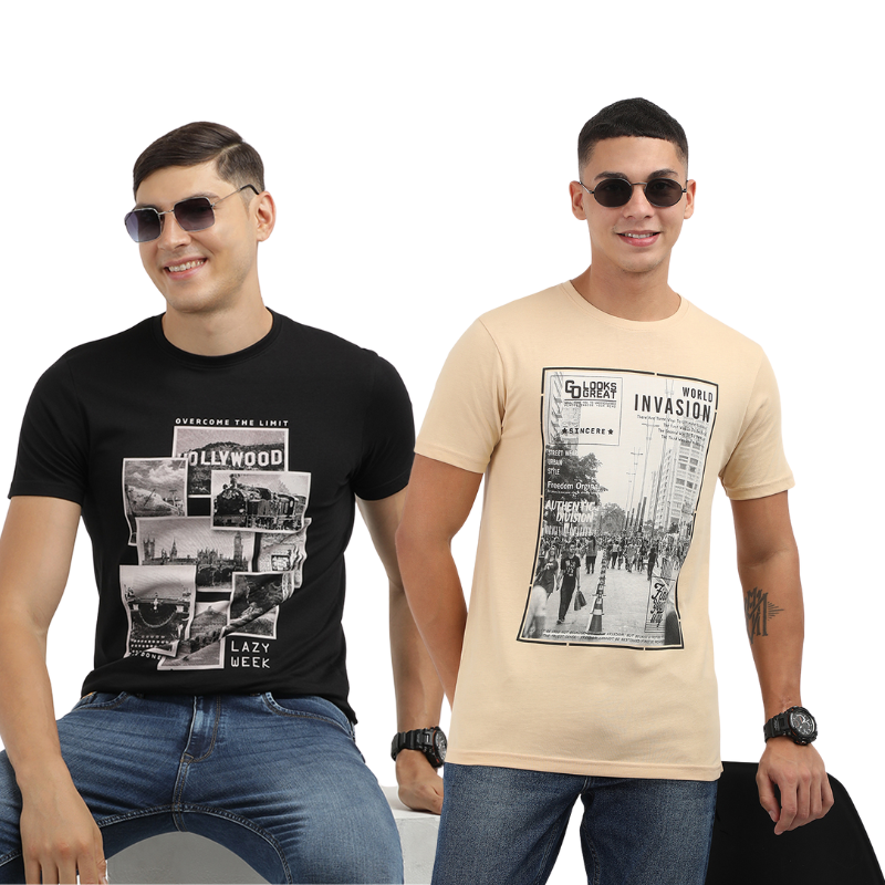 Men's Hollywood Over The Limit & World Invasion Find Your Way Round Neck Printed T-Shirt Pack of 2