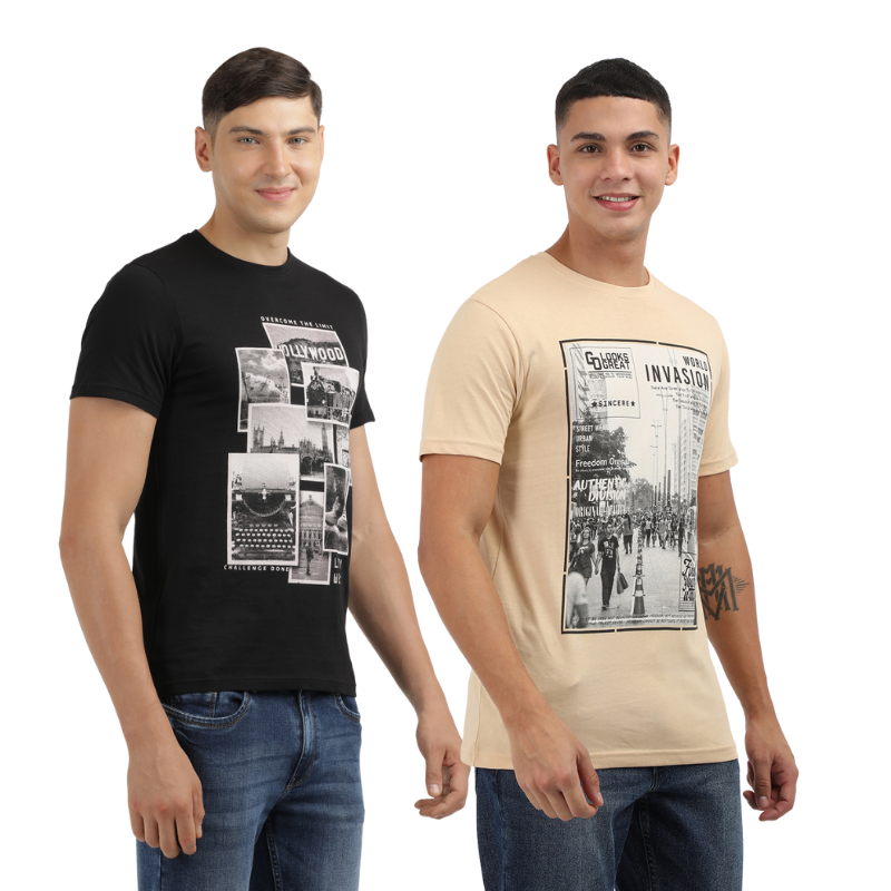 Men's Hollywood Over The Limit & World Invasion Find Your Way Round Neck Printed T-Shirt Pack of 2