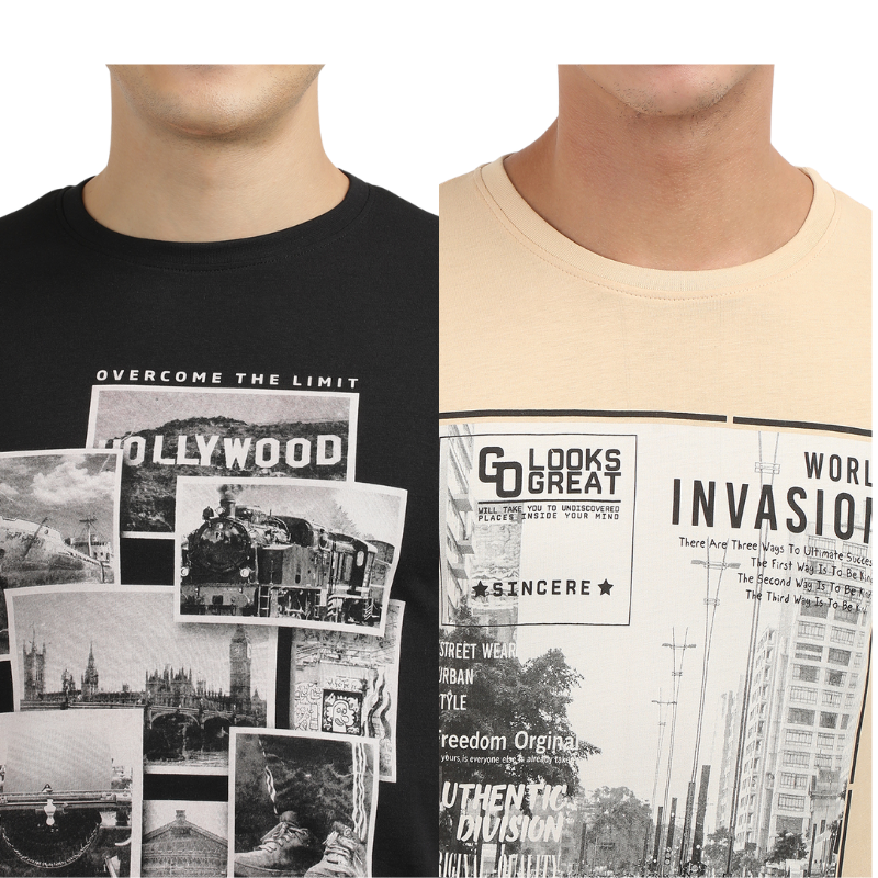 Men's Hollywood Over The Limit & World Invasion Find Your Way Round Neck Printed T-Shirt Pack of 2