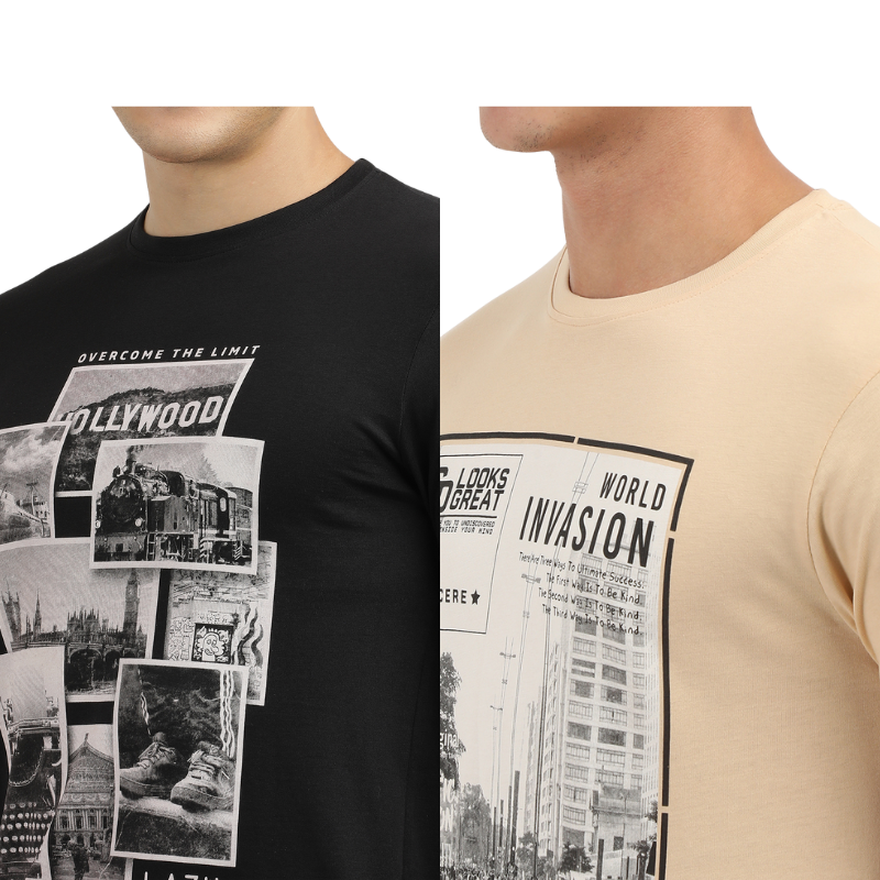 Men's Hollywood Over The Limit & World Invasion Find Your Way Round Neck Printed T-Shirt Pack of 2