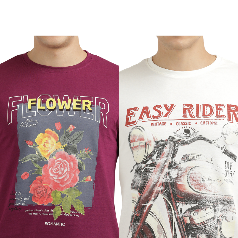 Men's Flower make It Natural & Easy Rider Crew Neck Graphic Printed T-Shirt Pack Of 2