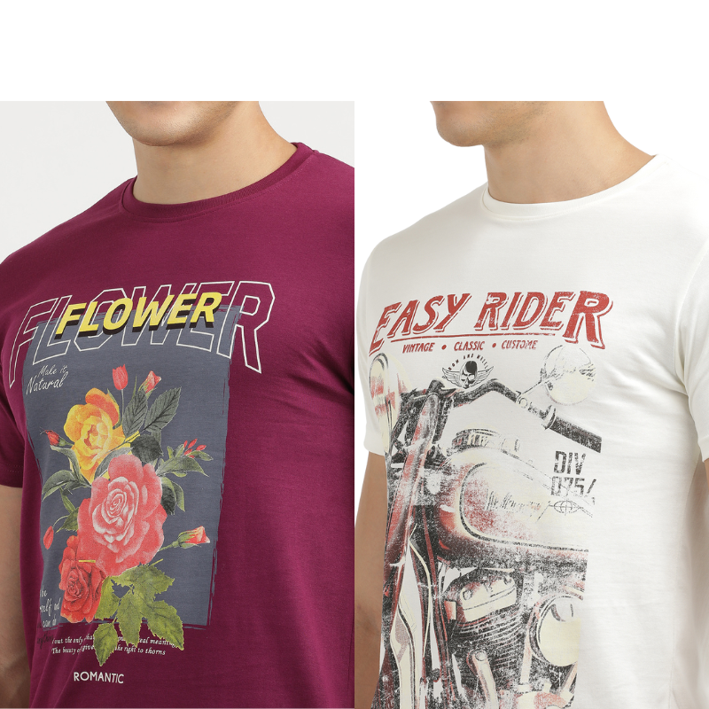 Men's Flower make It Natural & Easy Rider Crew Neck Graphic Printed T-Shirt Pack Of 2