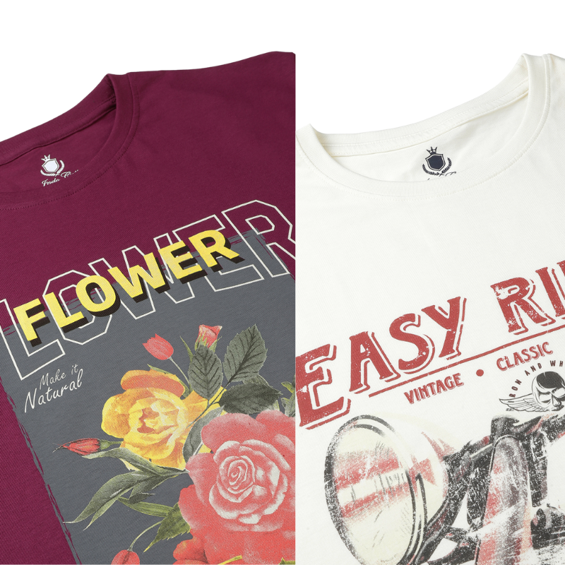 Men's Flower make It Natural & Easy Rider Crew Neck Graphic Printed T-Shirt Pack Of 2