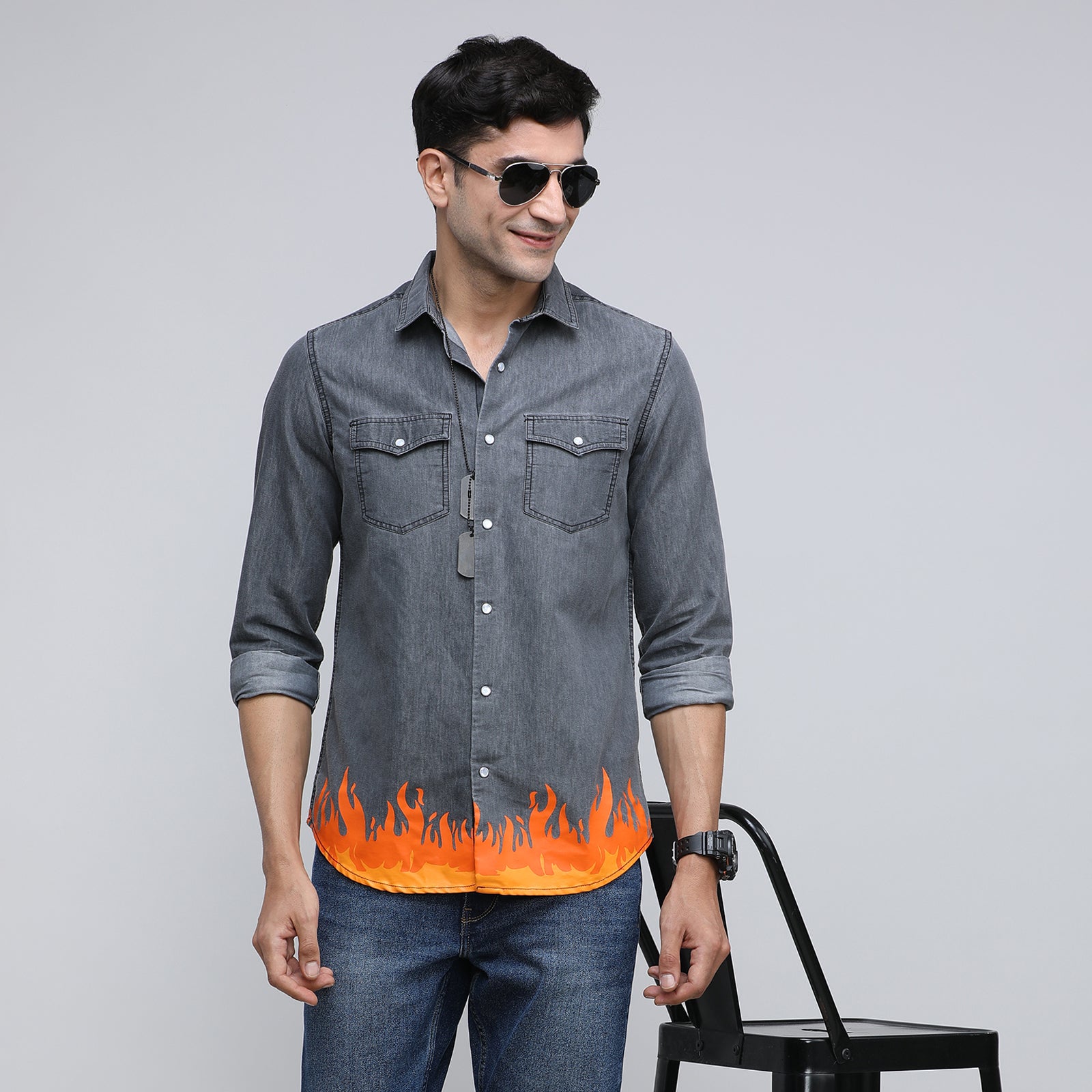 Indo Cotton Men's Denim Printed Full Sleeve Shirt