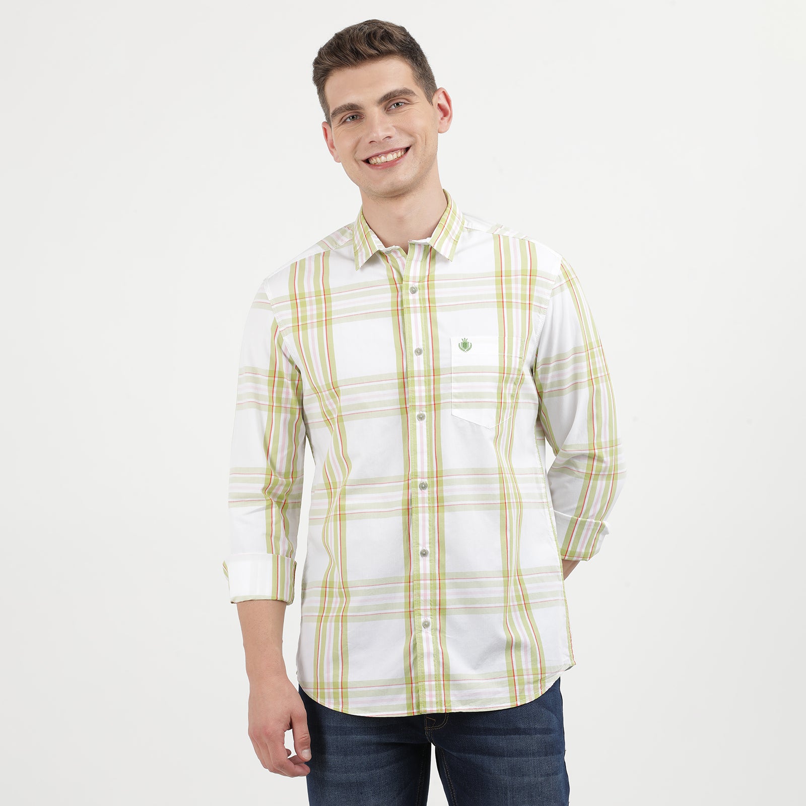 Men's Casual Long-Sleeve Plaid Shirt - White with Green Stripes