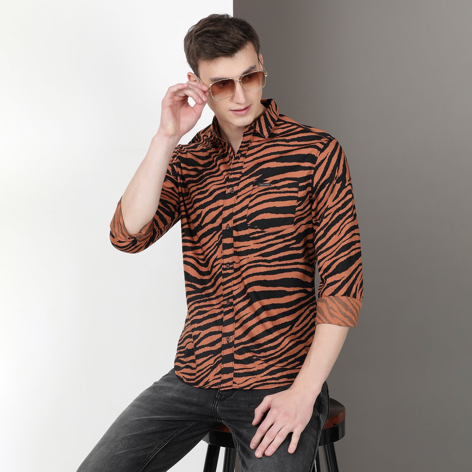 Brown & Black Animal Print Full Sleeve Shirt