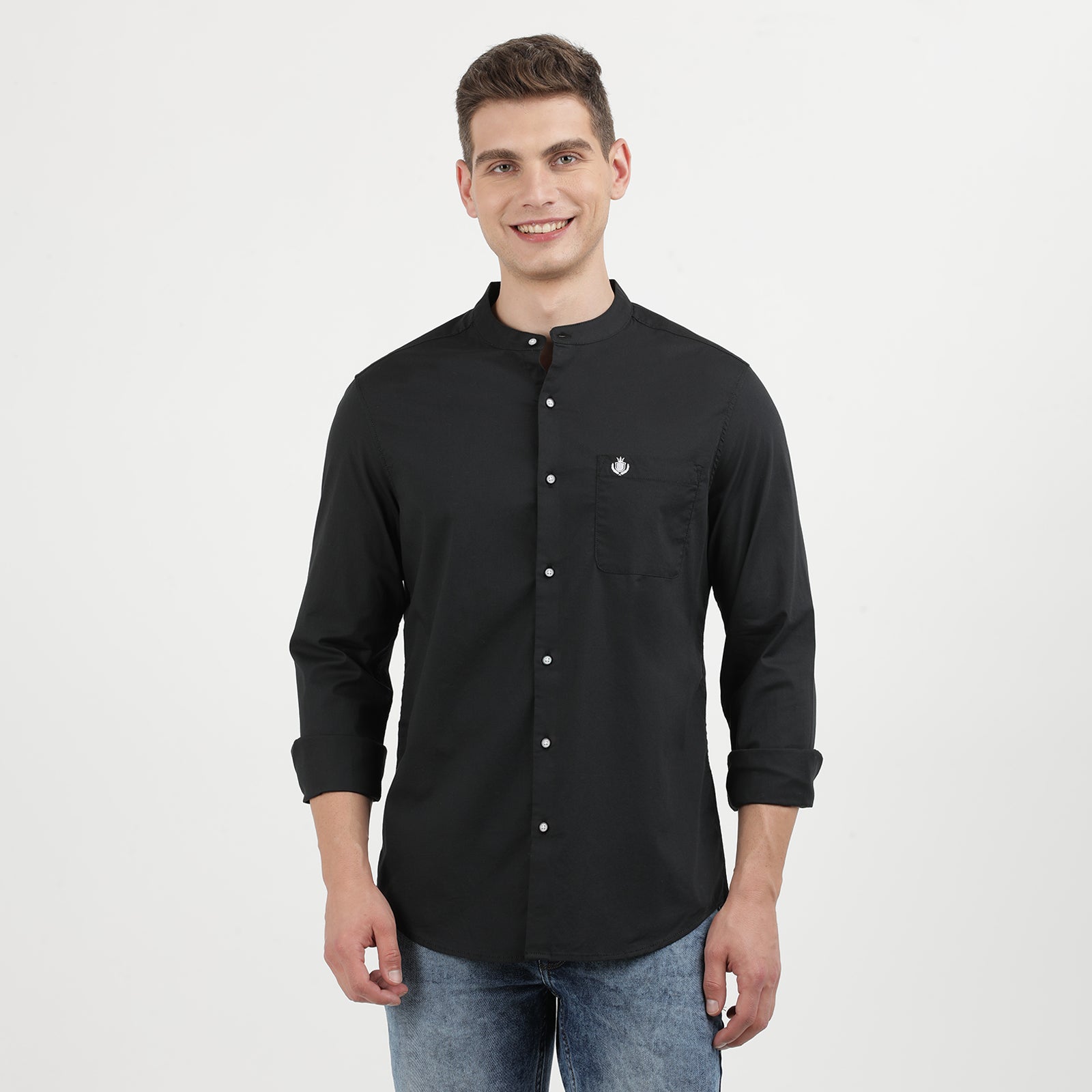 Black Solid Mandarin Collar Full Sleeve Casual Shirt