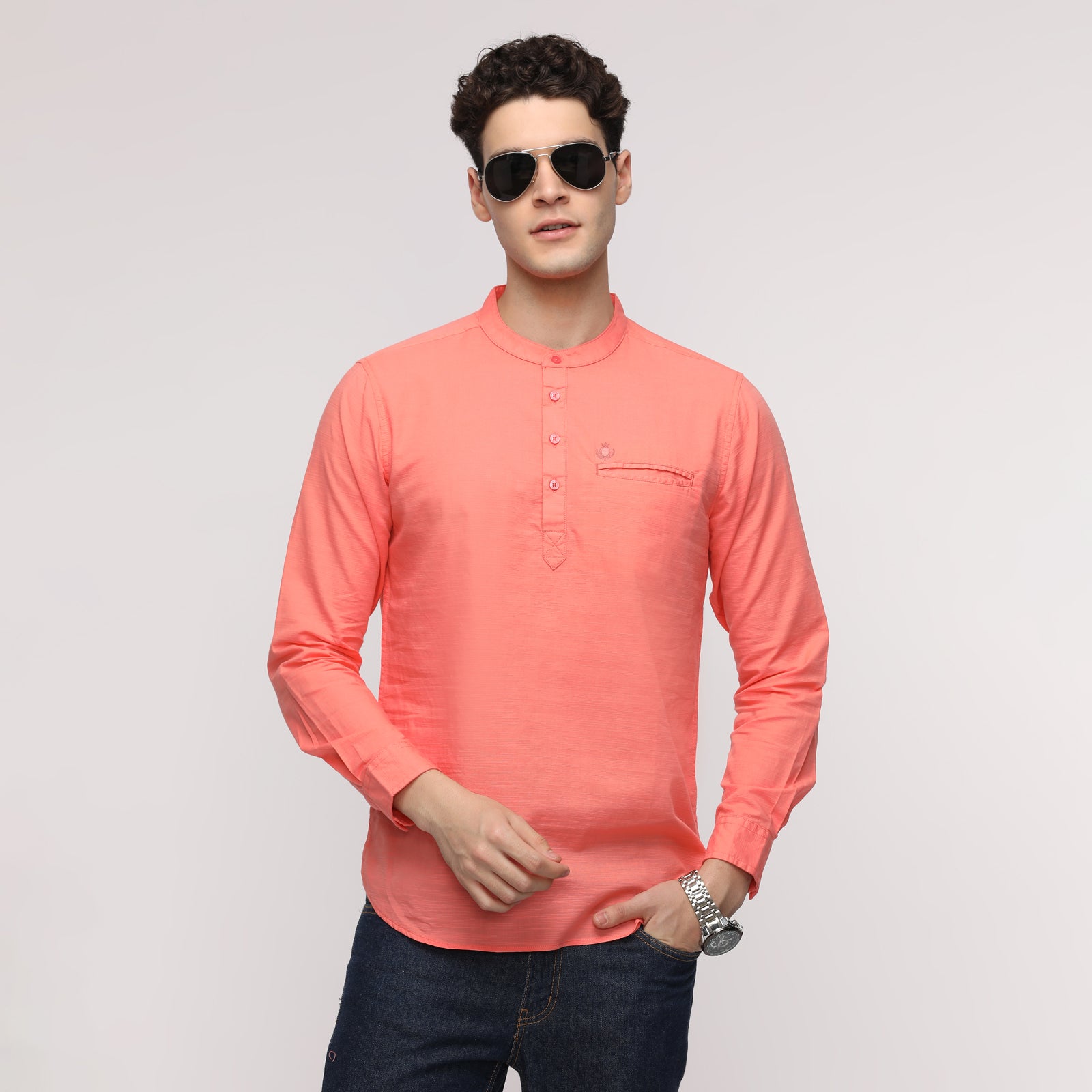 Men's Ocean Coral Full Sleeve Solid Short Kurthi