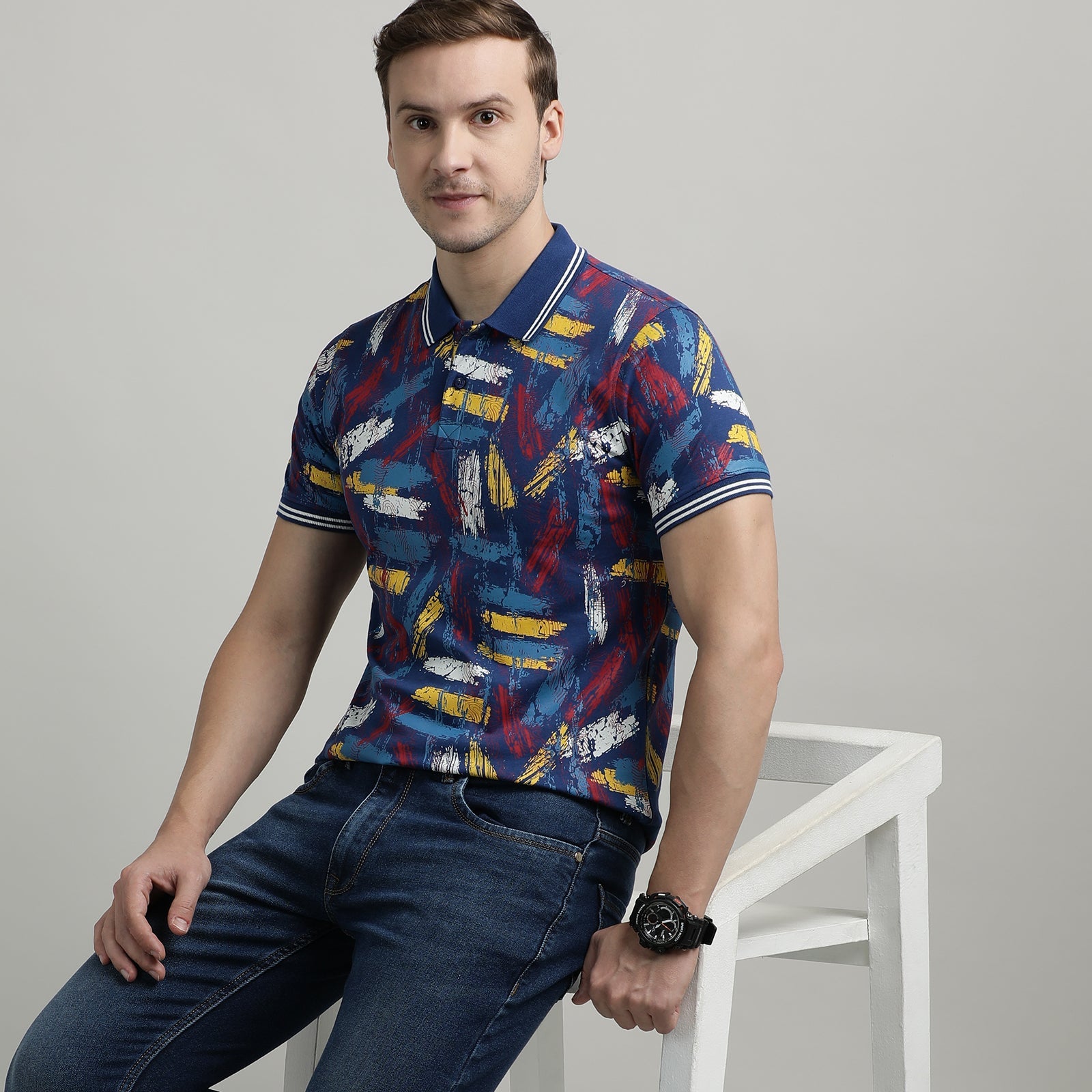 All Over Print Navy Peony Polo T-Shirt